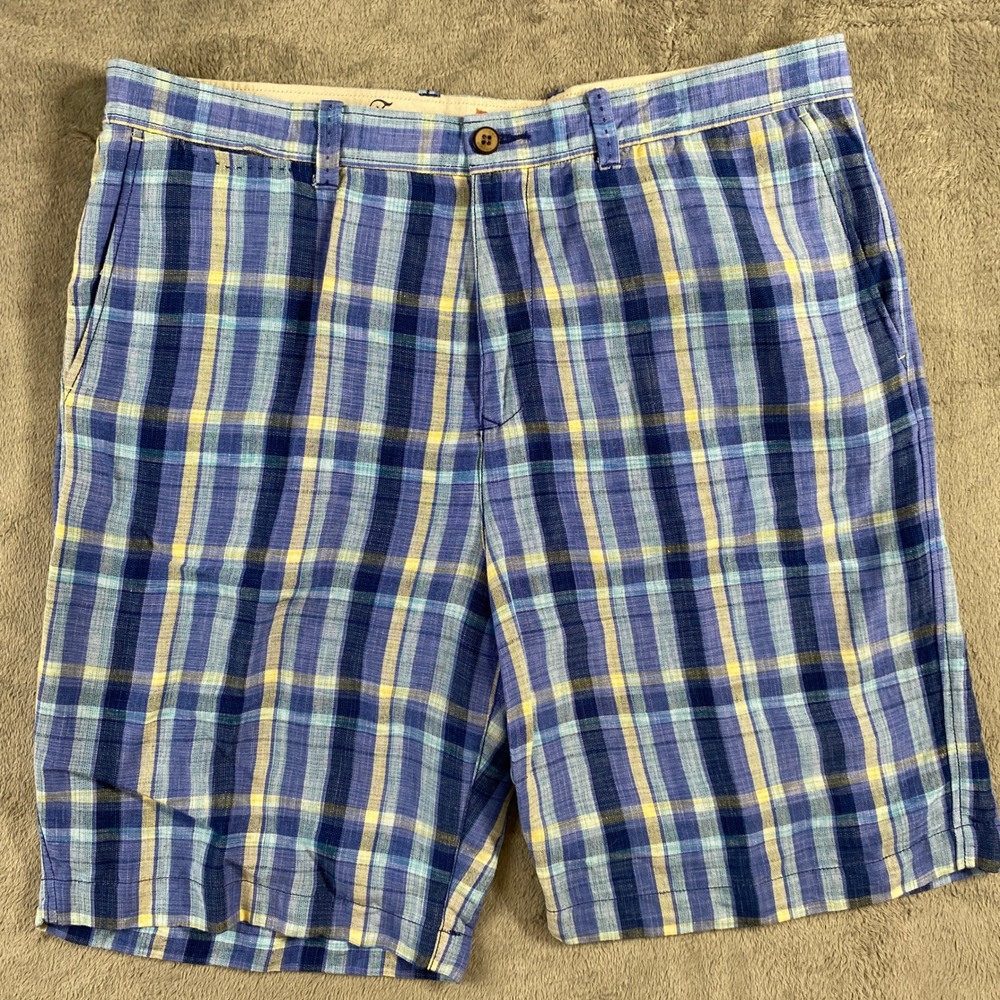 Tommy Bahama Shorts Mens 36 Blue Plaid Linen‎ Tencel Blend Beach Nautical Resort